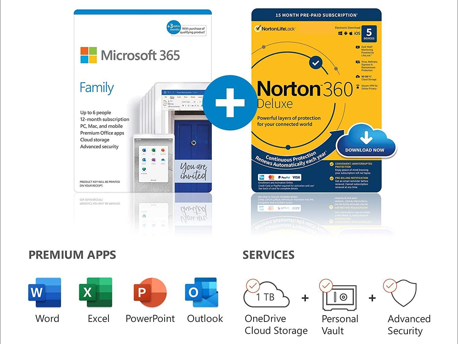 Microsoft 365 Family + Norton 360 Deluxe (15 months)