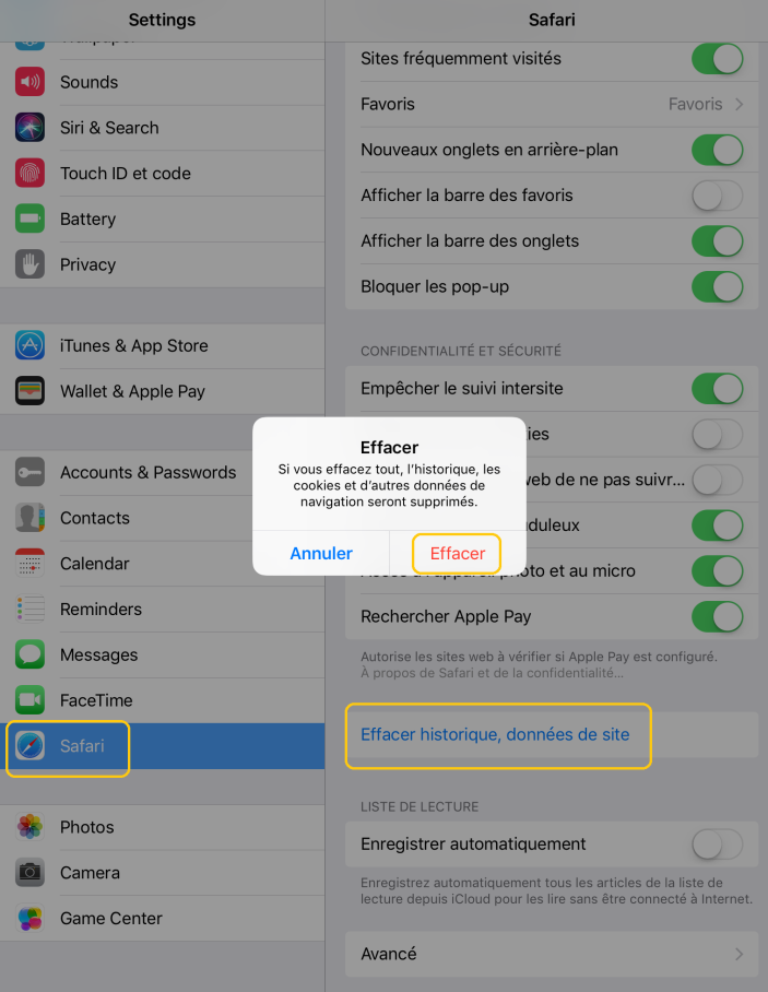 effacer historique dans safari ipad